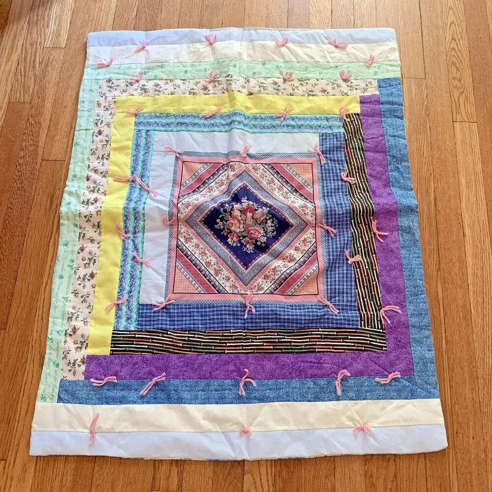 Vintage Handmade Baby Crib Quilt Blanket 32”x40” Various Picnic Patchwork Floral